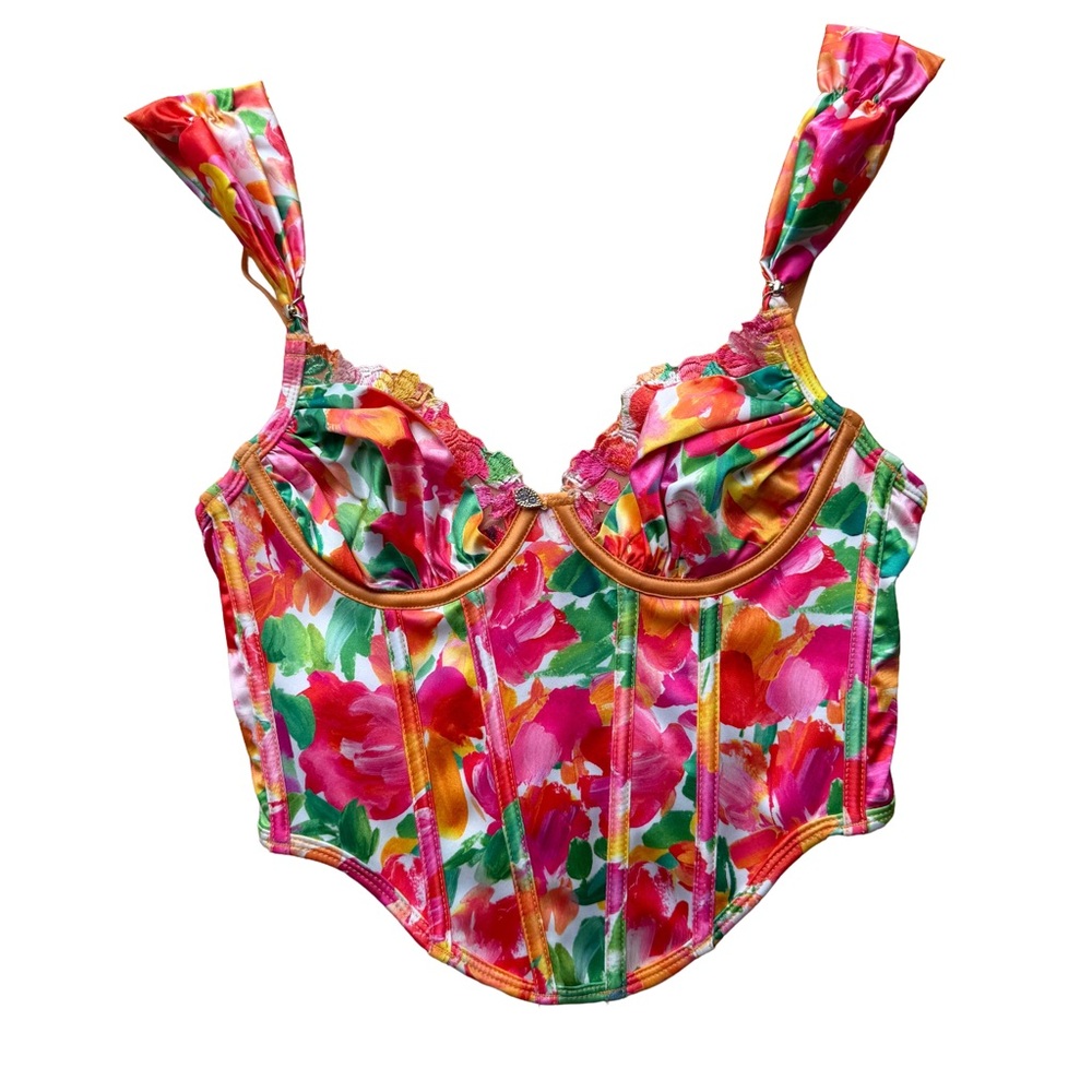 Bydee Havana Corset Top Orange Pink Watercolor Floral Print Embroidered Size XS - Picture 3 of 8